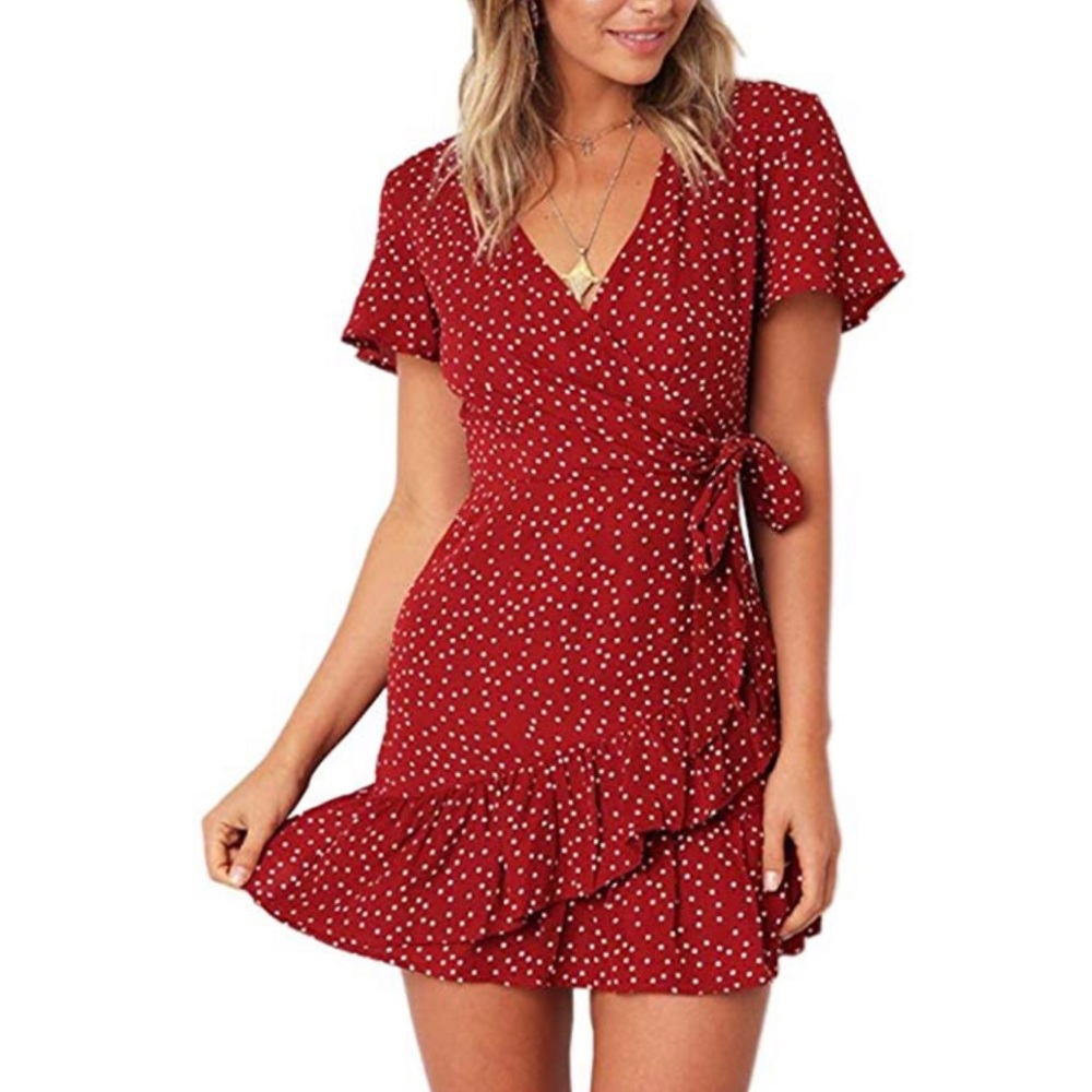 Red Polka Dot V Neck Wrap Dress